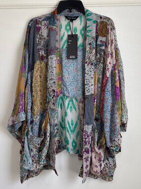 Young Threads Patchwork Boho Kimono Duster Viscose Batwing Pockets NWT